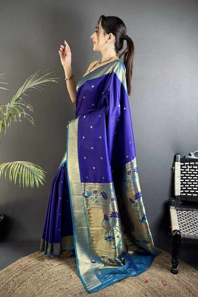 Royal Blue Paithani Peacock Woven Silk Saree (ND607)