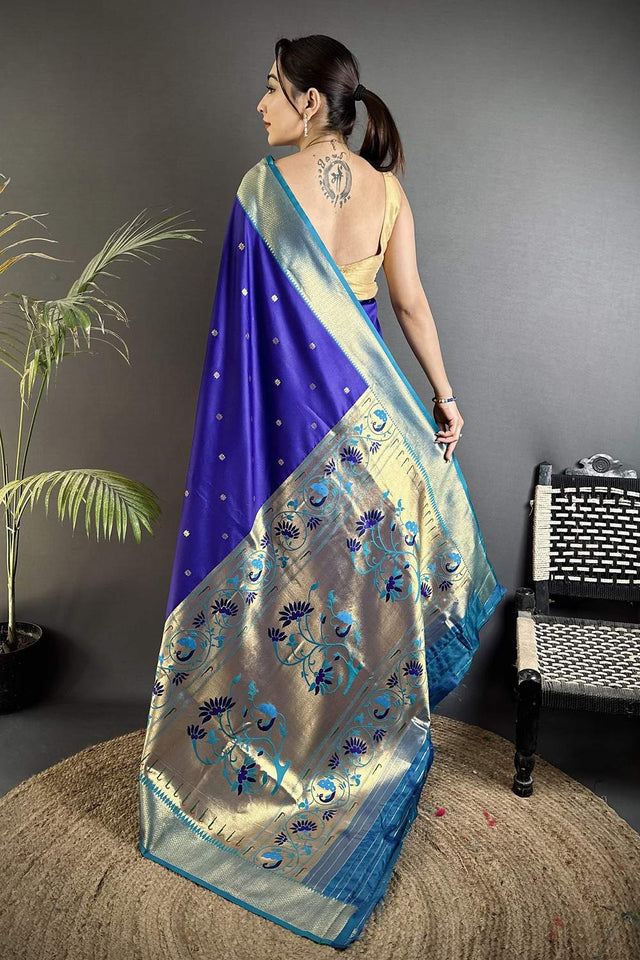 Royal Blue Paithani Peacock Woven Silk Saree (ND607)
