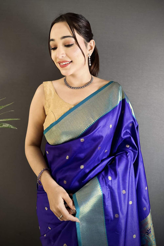 Royal Blue Paithani Peacock Woven Silk Saree (ND607)