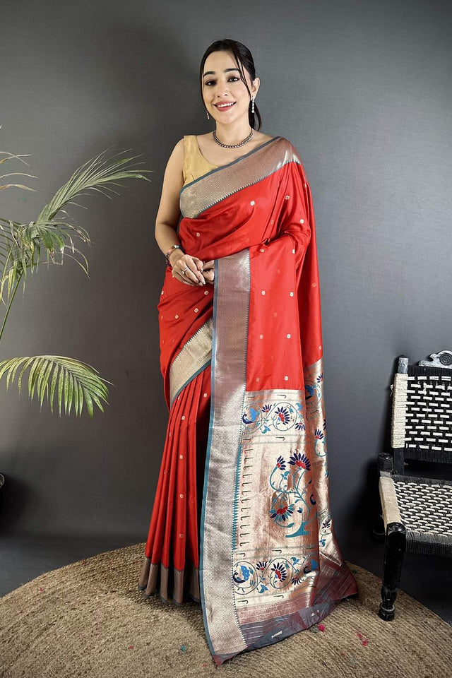 Red Paithani Peacock Woven Silk Saree (ND608)