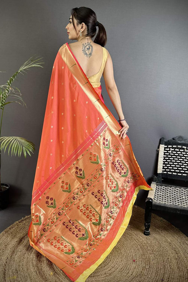 Orange Paithani Floral Woven Silk Saree (ND702)