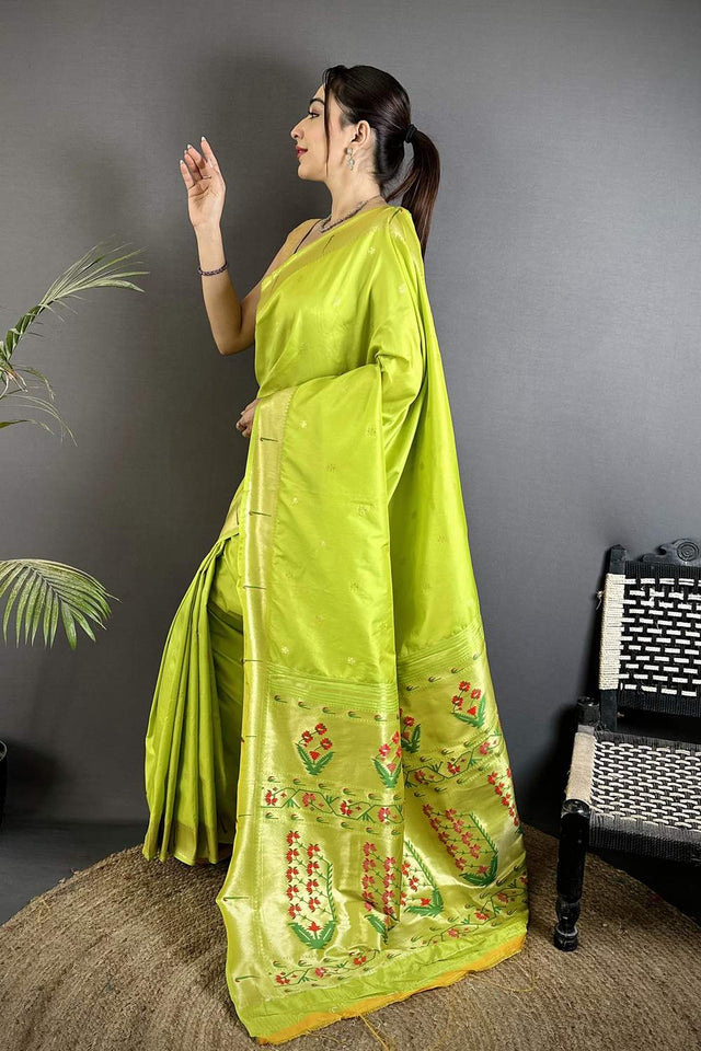 Green Paithani Floral Woven Silk Saree (ND703)
