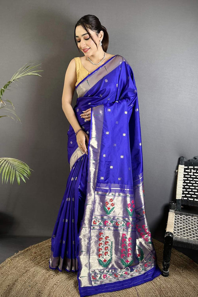 Royal Blue Paithani Floral Woven Silk Saree (ND704)