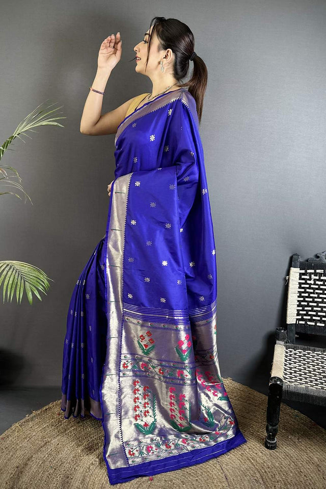 Royal Blue Paithani Floral Woven Silk Saree (ND704)