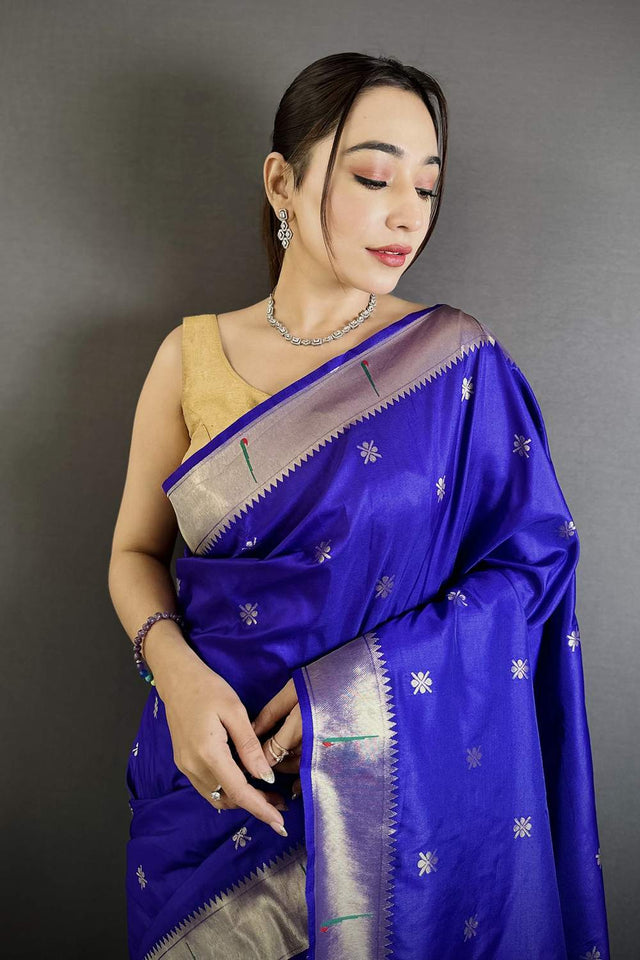Royal Blue Paithani Floral Woven Silk Saree (ND704)