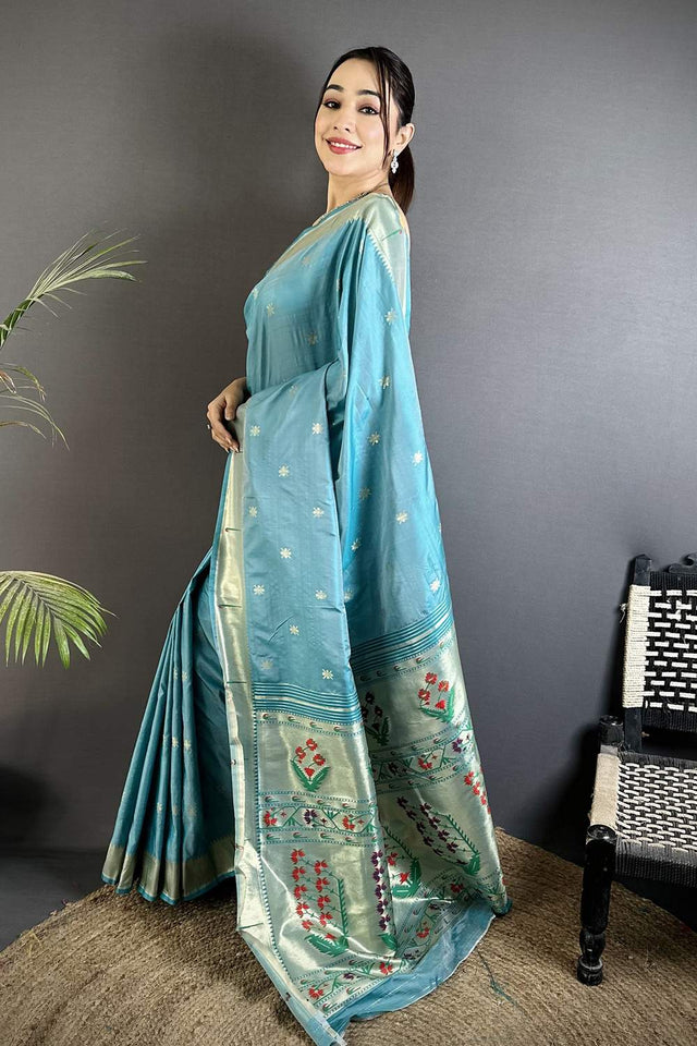 Blue Paithani Floral Woven Silk Saree (ND706)