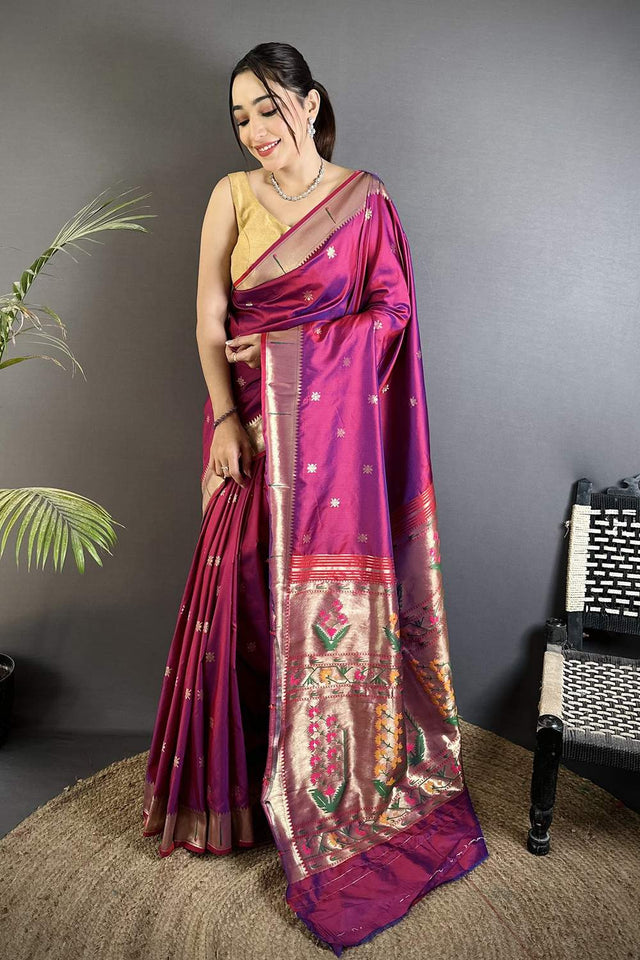 Magenta Paithani Floral Woven Silk Saree (ND707)