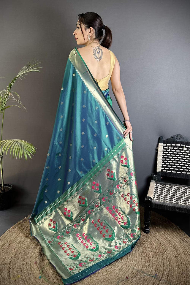 Turquoise Paithani Floral Woven Silk Saree (ND708)