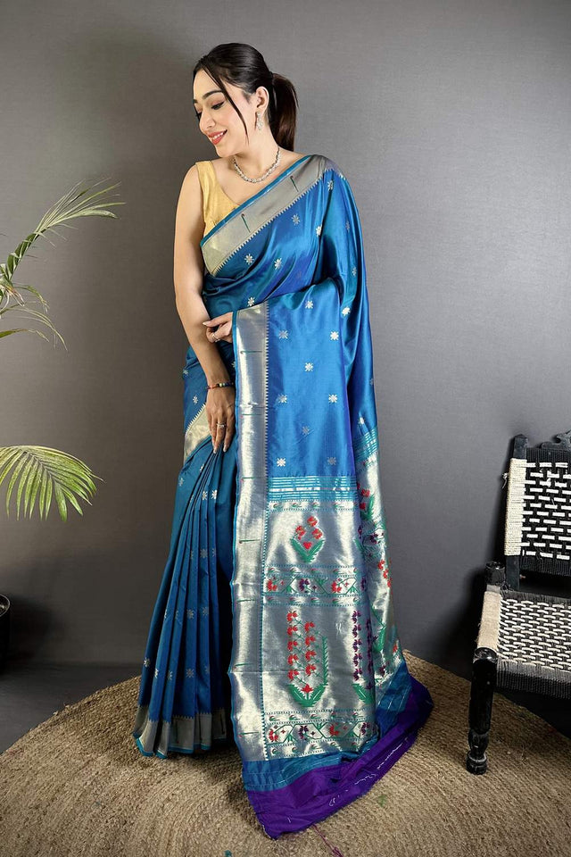 Blue Paithani Floral Woven Silk Saree (ND709)