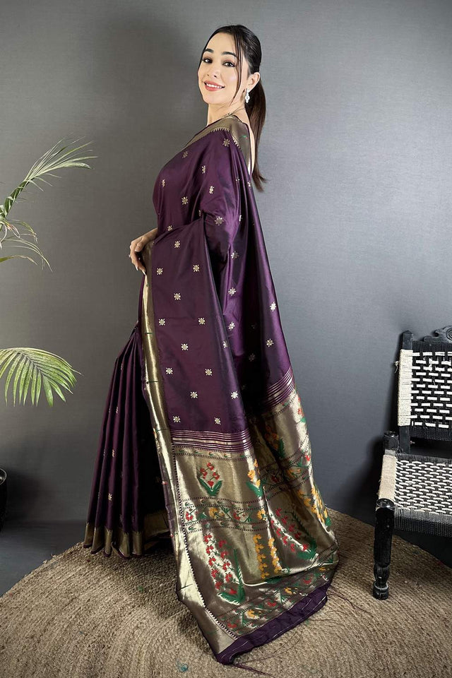 Wine Paithani Floral Woven Silk Saree (ND710)
