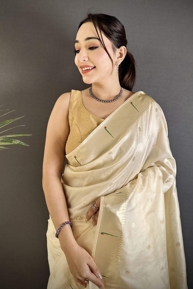 Cream Paithani Floral Woven Silk Saree (ND711)