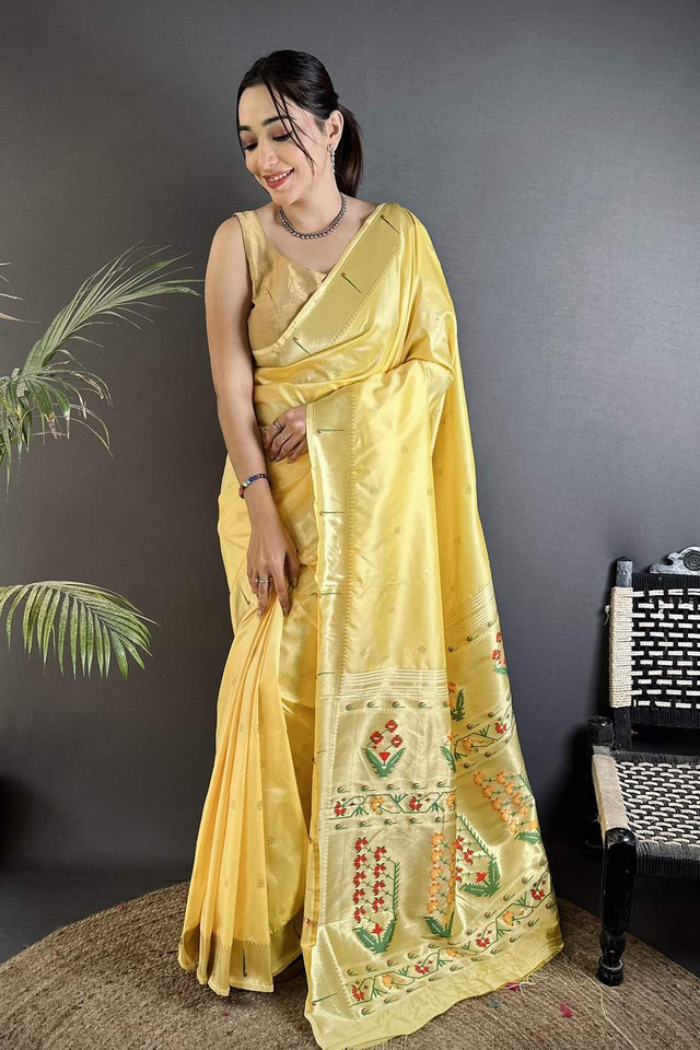 Yellow Paithani Floral Woven Silk Saree (ND714)