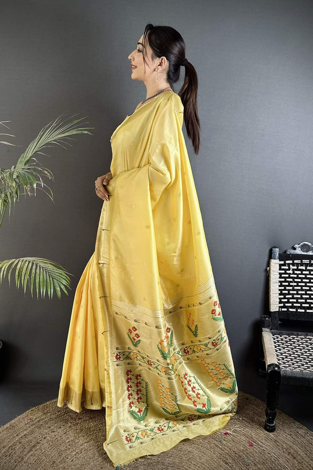 Yellow Paithani Floral Woven Silk Saree (ND714)