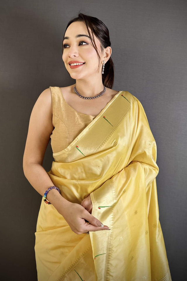 Yellow Paithani Floral Woven Silk Saree (ND714)