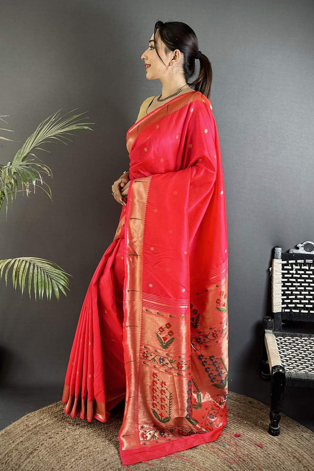 Dark Pink Paithani Floral Woven Silk Saree (ND715)