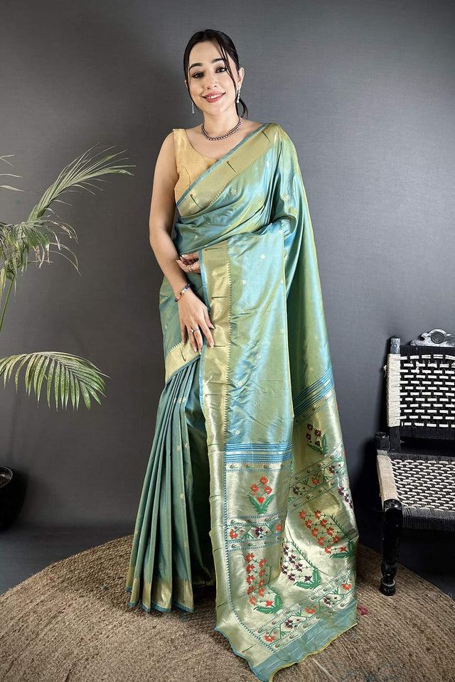 Green Paithani Floral Woven Silk Saree (ND716)