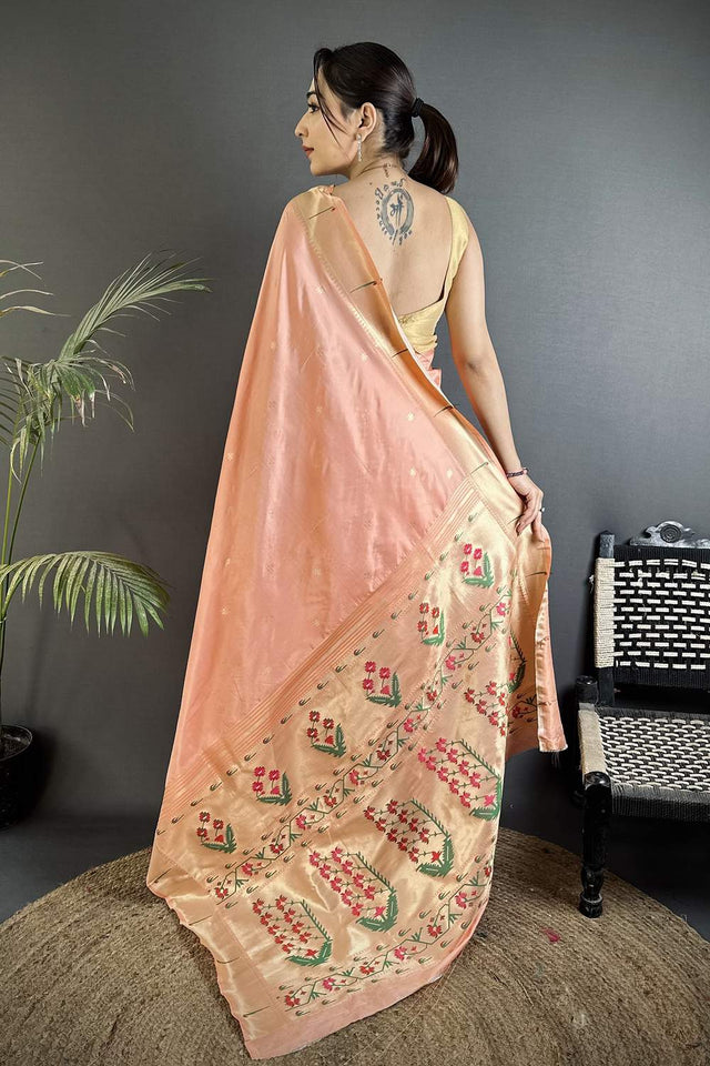 Peach Paithani Floral Woven Silk Saree (ND717)
