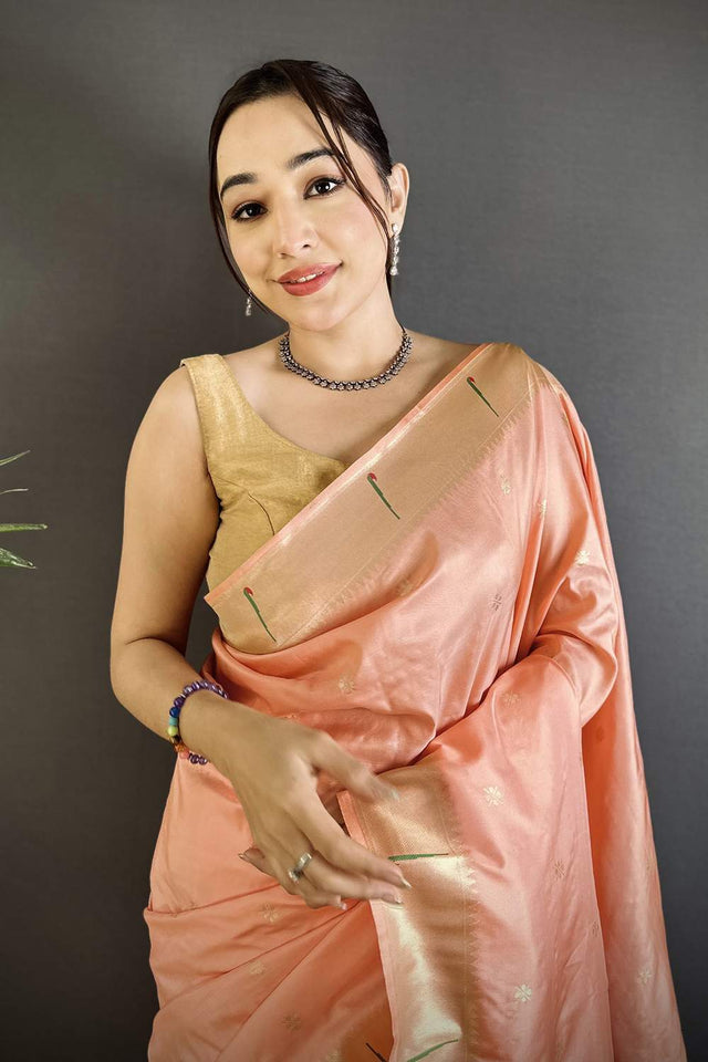 Peach Paithani Floral Woven Silk Saree (ND717)