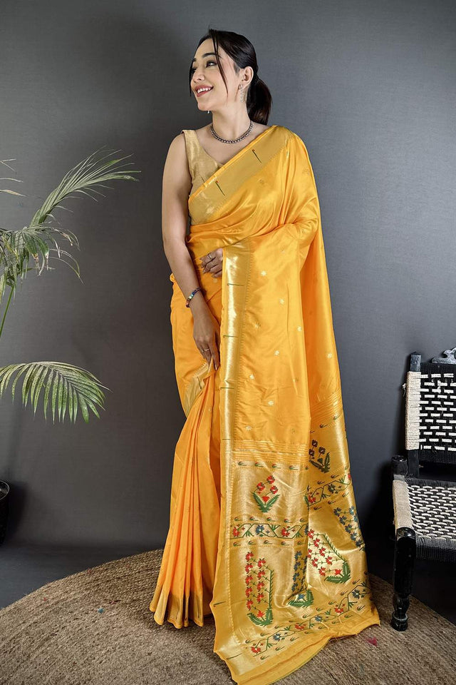 Yellow Paithani Floral Woven Silk Saree (ND718)