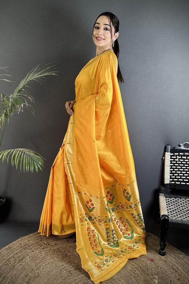 Yellow Paithani Floral Woven Silk Saree (ND718)