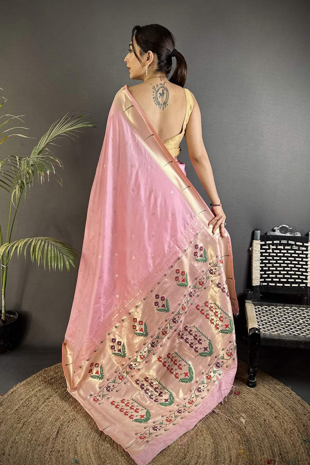 Light Pink Paithani Floral Woven Silk Saree (ND719)