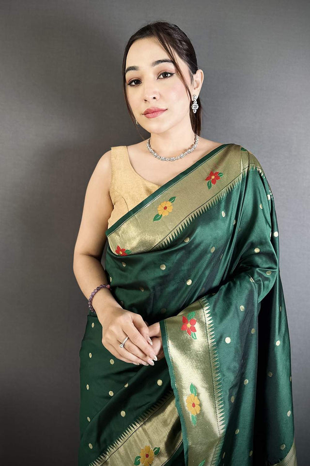 Dark Green Paithani Woven Silk Saree (ND819)