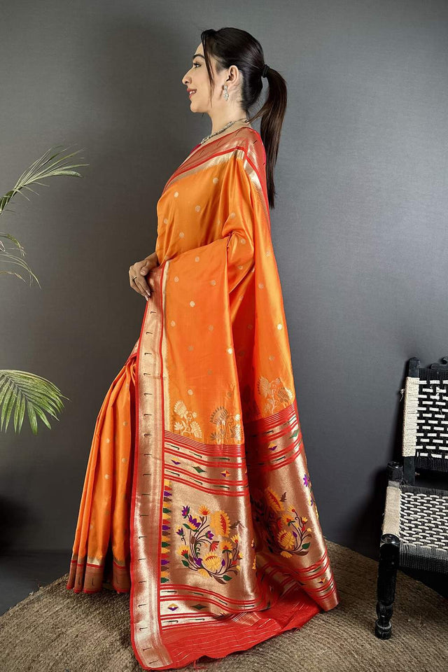 Orange Paithani Floral Woven Silk Saree (ND901)