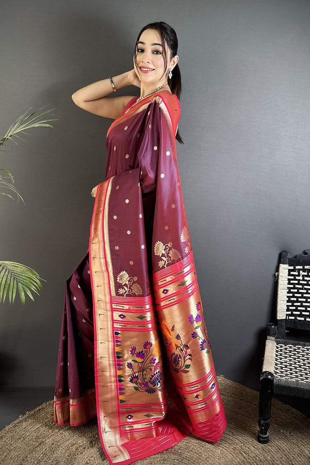 Wine Paithani Floral Woven Silk Saree (ND902)