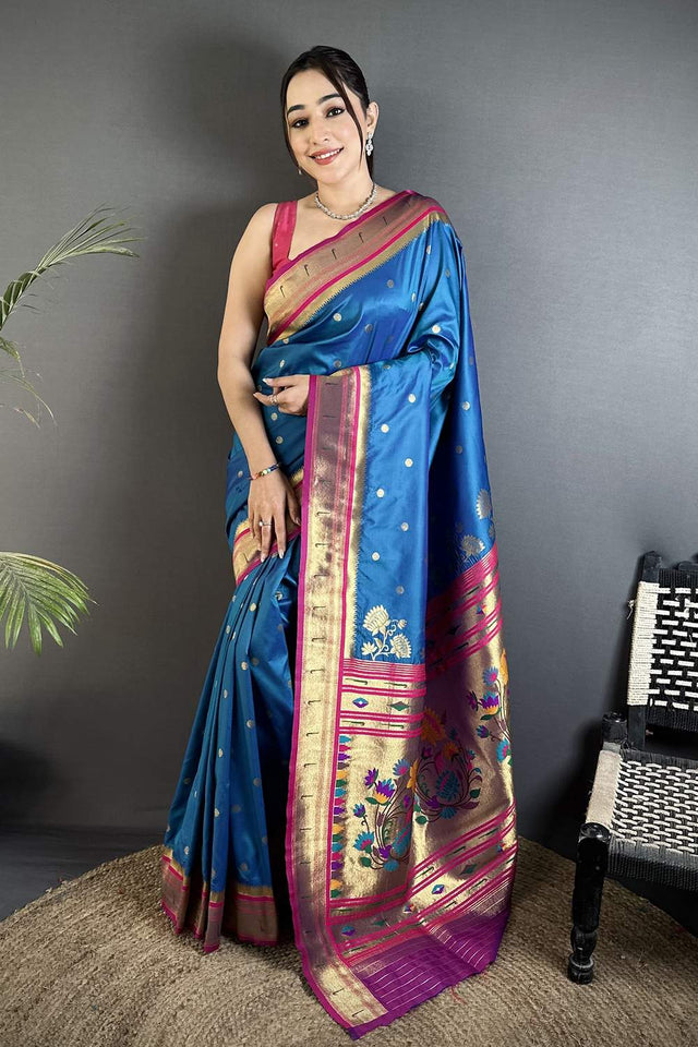 Blue Paithani Floral Woven Silk Saree (ND903)