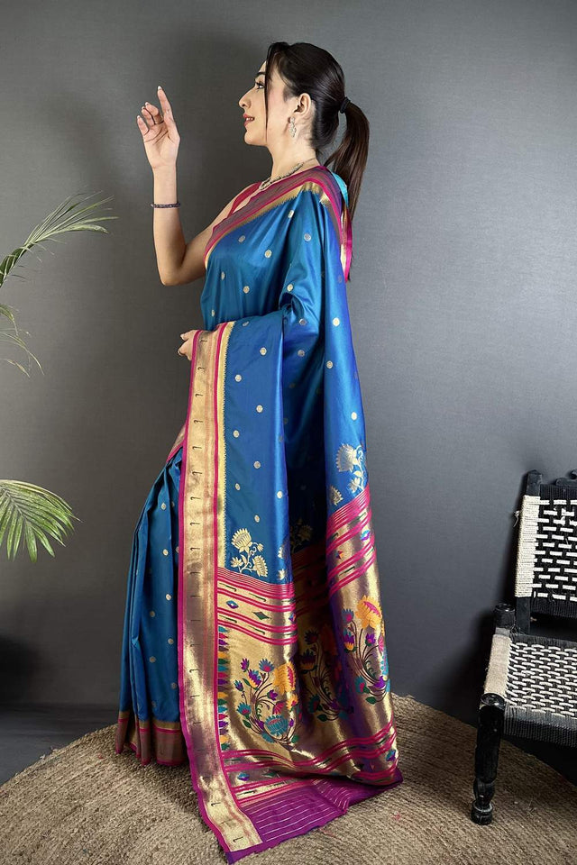 Blue Paithani Floral Woven Silk Saree (ND903)