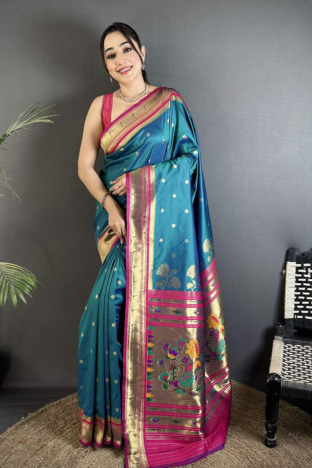 Turquoise Paithani Floral Woven Silk Saree (ND904)