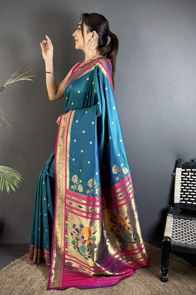 Turquoise Paithani Floral Woven Silk Saree (ND904)