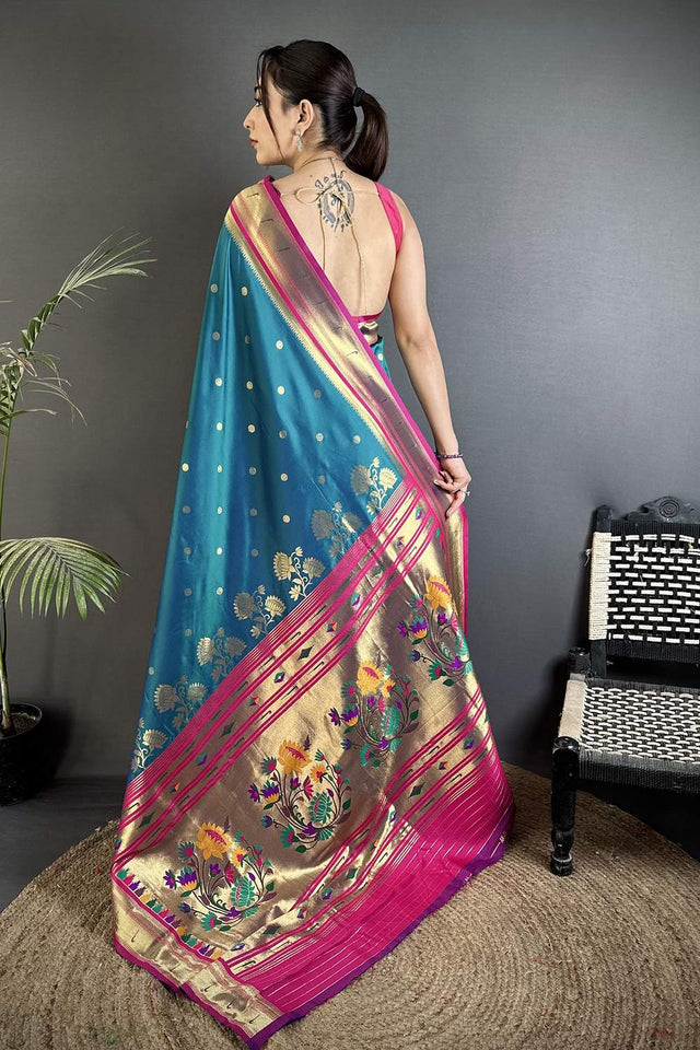 Turquoise Paithani Floral Woven Silk Saree (ND904)
