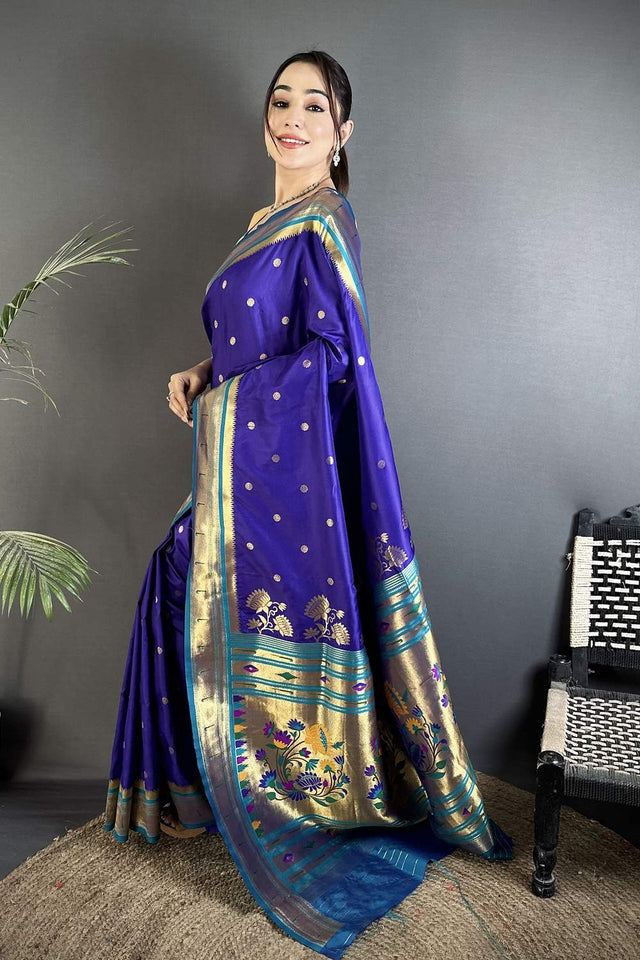 Royal Blue Paithani Floral Woven Silk Saree (ND906)