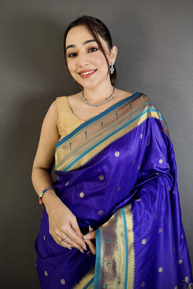 Royal Blue Paithani Floral Woven Silk Saree (ND906)