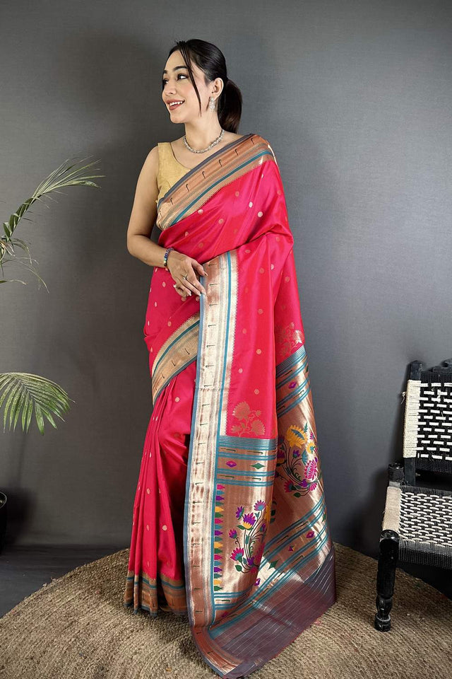 Dark Pink Paithani Floral Woven Silk Saree (ND907)