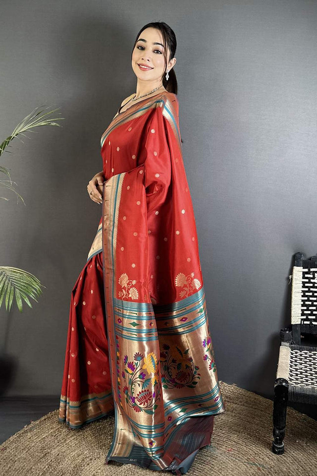 Red Paithani Floral Woven Silk Saree (ND908)