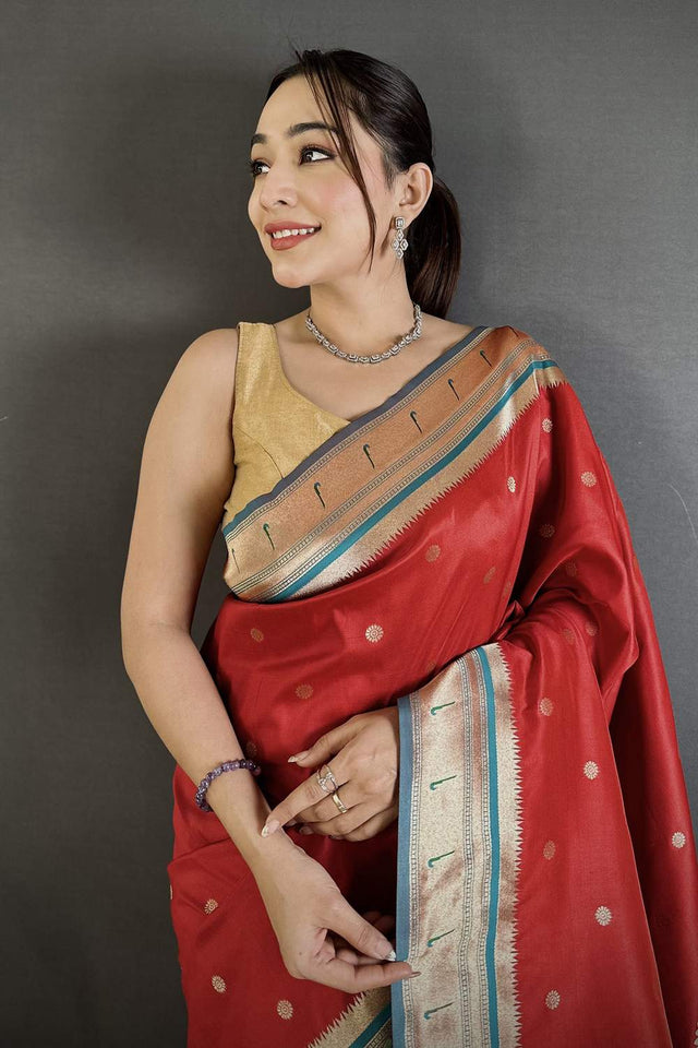 Red Paithani Floral Woven Silk Saree (ND908)