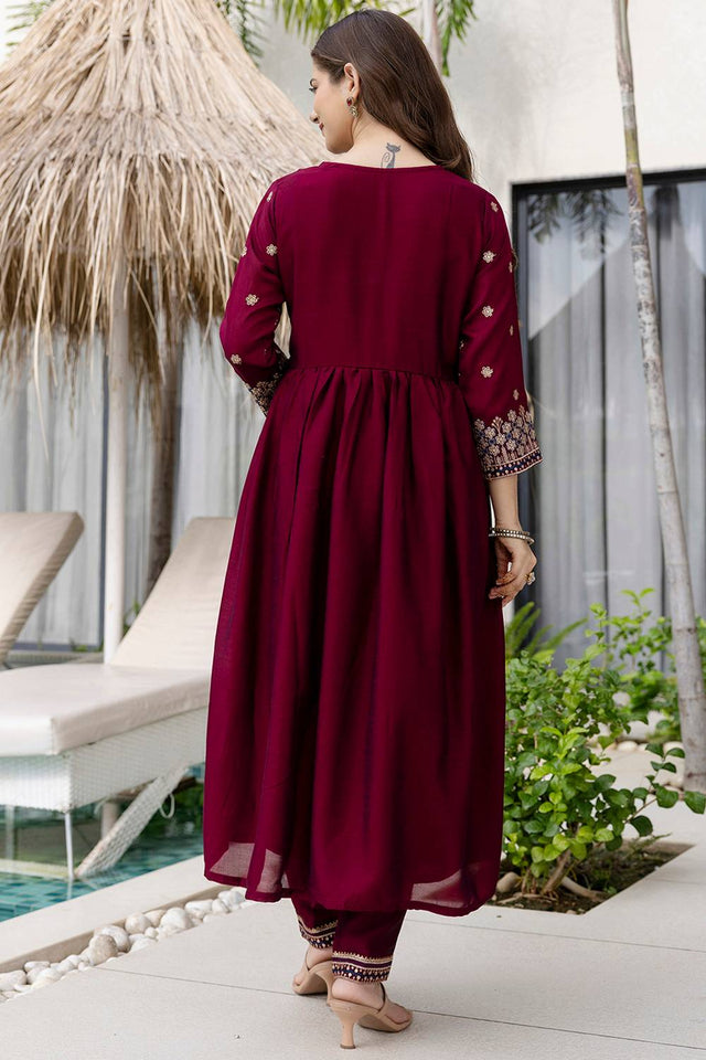 Wine Floral Embroidered Silk Anarkali Suit Set