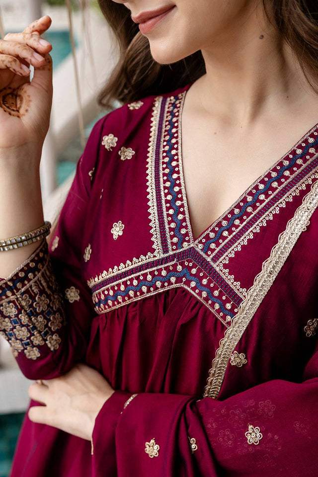 Wine Floral Embroidered Silk Anarkali Suit Set