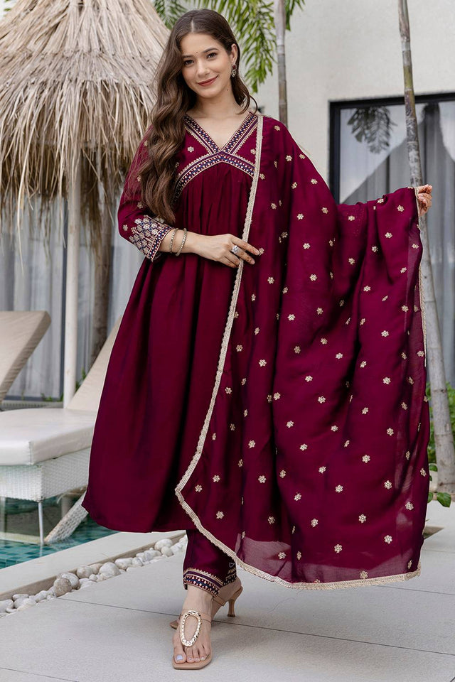 Wine Floral Embroidered Silk Anarkali Suit Set
