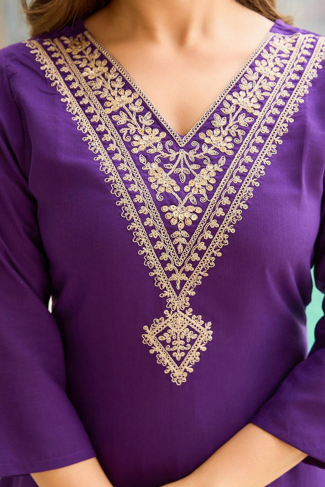 Violet Floral Embroidered Rayon Kurti Pant Set