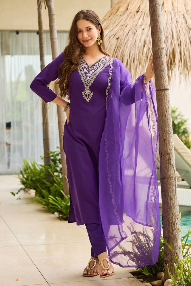 Violet Floral Embroidered Rayon Kurti Pant Set