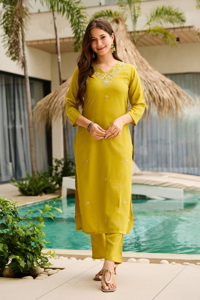 Yellow Floral Embroidered Rayon Kurti Pant Set