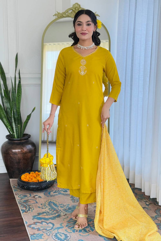 Yellow Floral Embroidered Rayon Kurti Pant Set