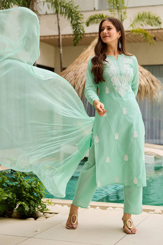 Turquoise Floral Embroidered Cotton Kurti Pant Set