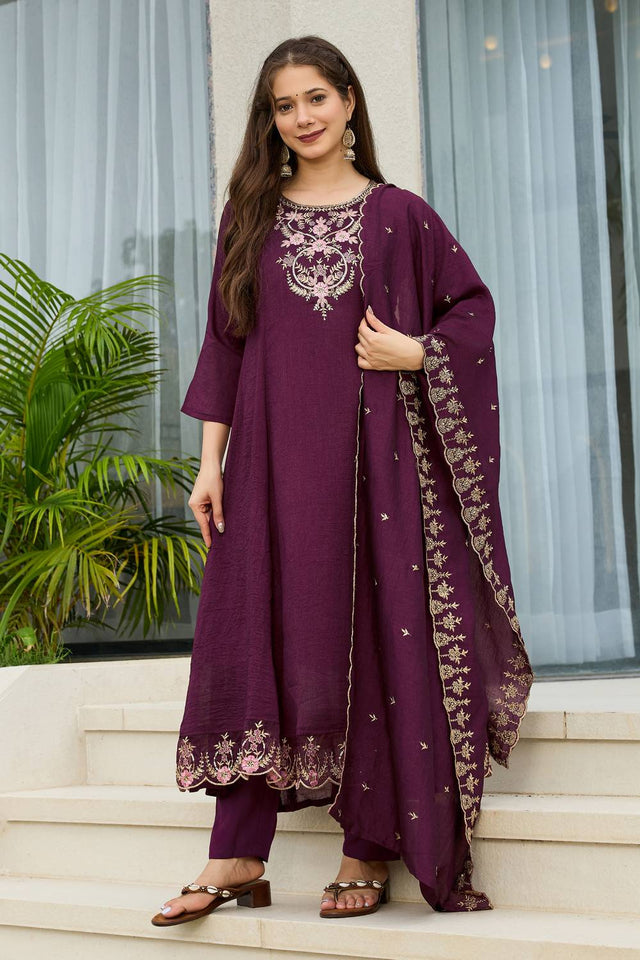 Wine Floral Embroidered Silk Anarkali Suit Set