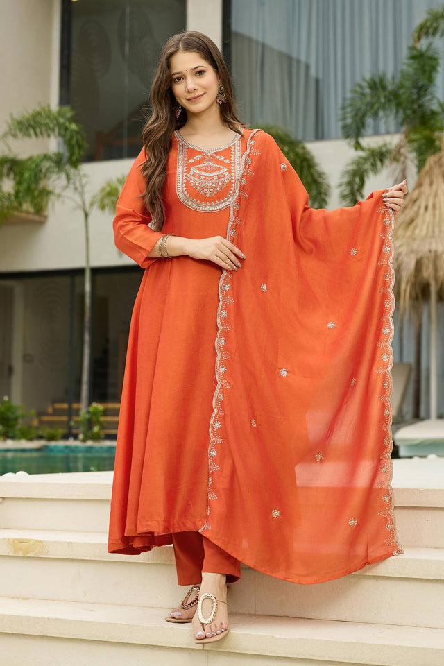 Orange Floral Embroidered Silk Anarkali Suit Set