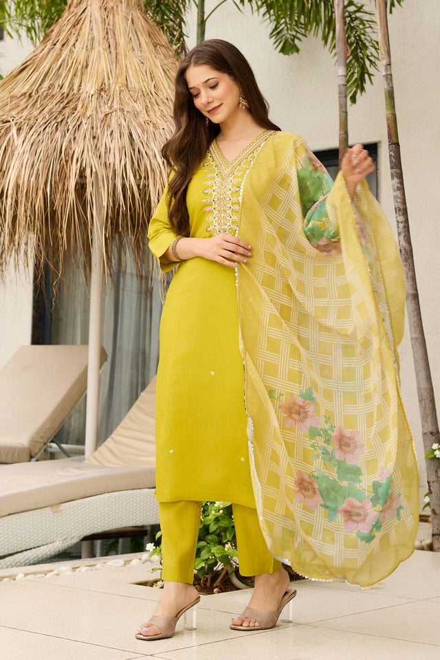 Yellow Sequin with Embroidered Viscose Kurti Pant Set