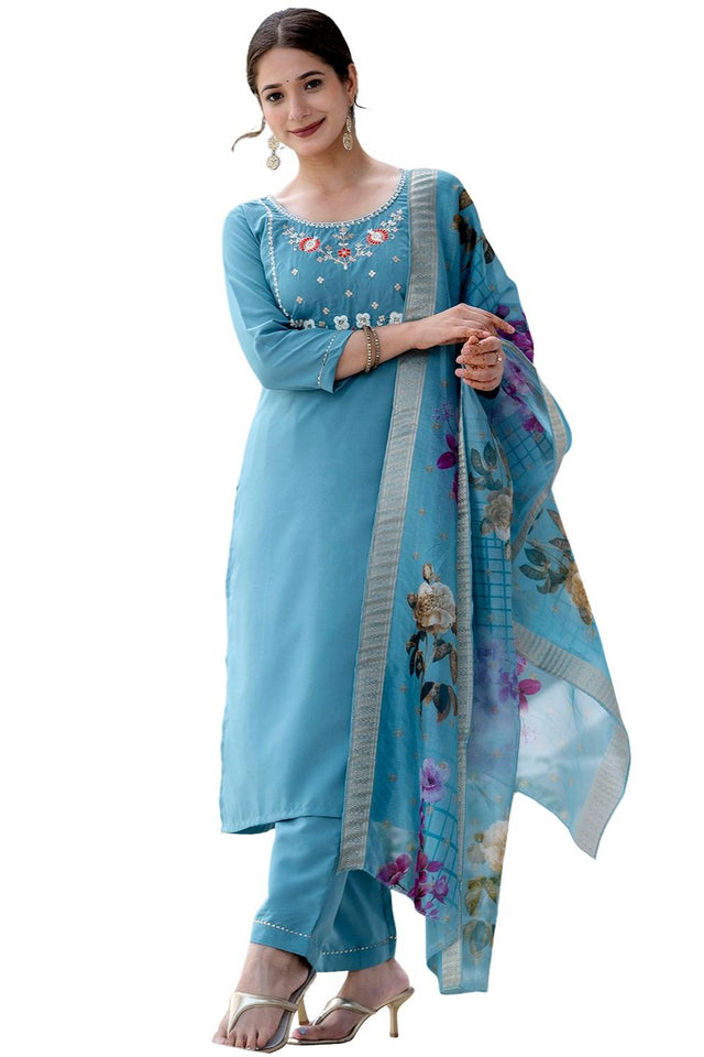 Blue Floral Embroidered Viscose Kurti Pant Set